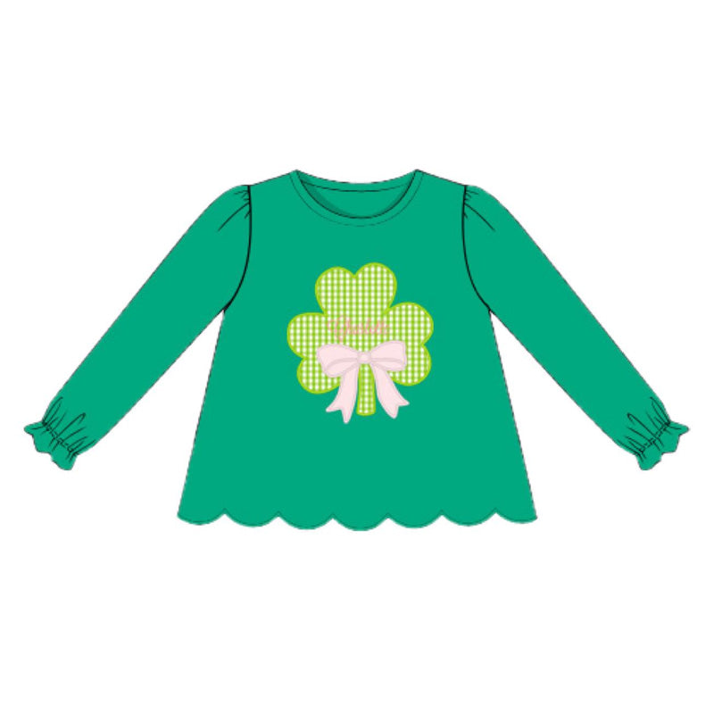 preorder GT1422 St Patrick Bow Clover Green Long Sleeve Girls Top