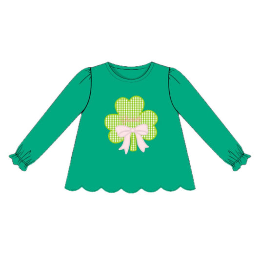 preorder GT1422 St Patrick Bow Clover Green Long Sleeve Girls Top