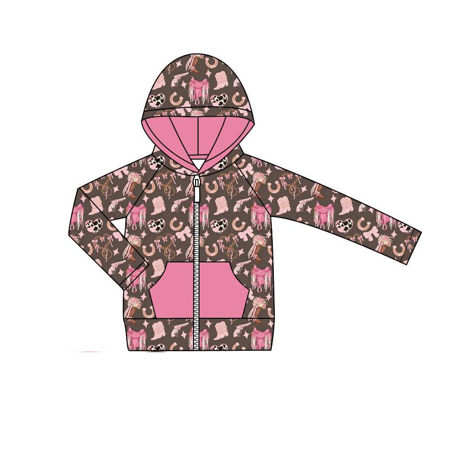 preorder GT1423 Western Boots Bows Hot Pink Pocekt Zipper Hoodie Long Sleeve Girls Coat
