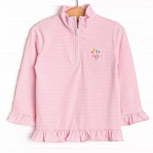 preorder GT1544 Flowers Pink Striped Zipper Long Sleeve Girls Top