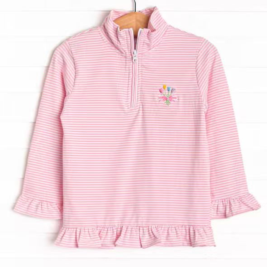 preorder GT1544 Flowers Pink Striped Zipper Long Sleeve Girls Top