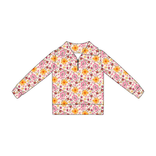 preorder GT1648 Yellow Pink Flowers Zipper Long Sleeve Girls Top