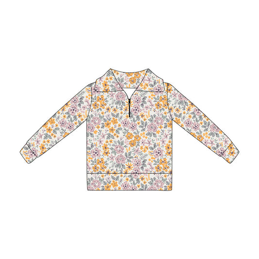preorder GT1649 Yellow Purple Flowers Zipper Long Sleeve Girls Top