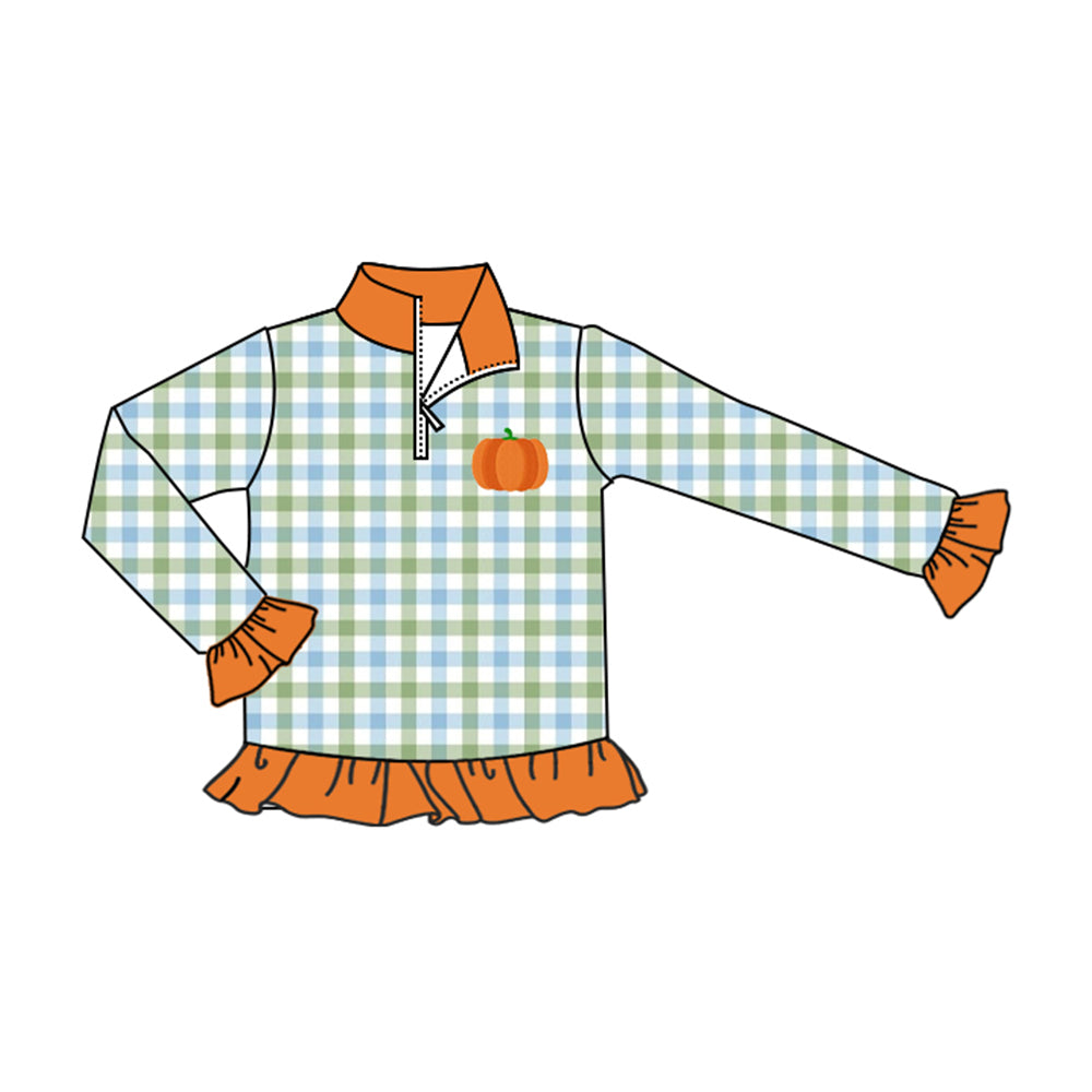 preorder GT1653 Pumpkin Checkered Zipper Long Sleeve Girls Top