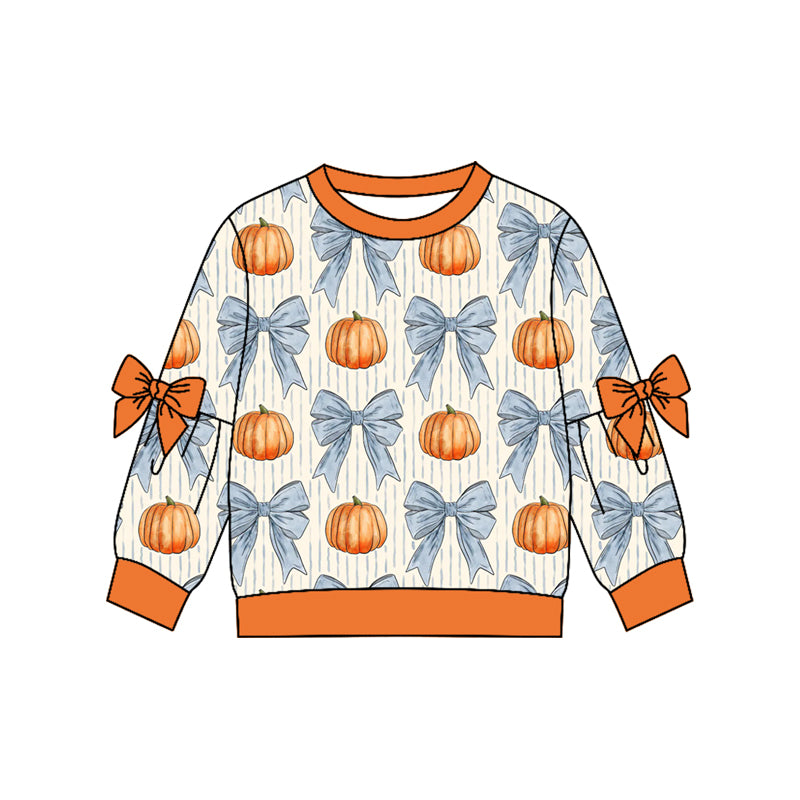 preorder GT1654 Pumpkin Bows Long Sleeve Girls Top
