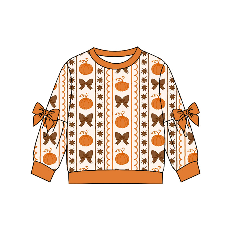 preorder GT1656 Halloween Pumpkin Bows Long Sleeve Girls Top