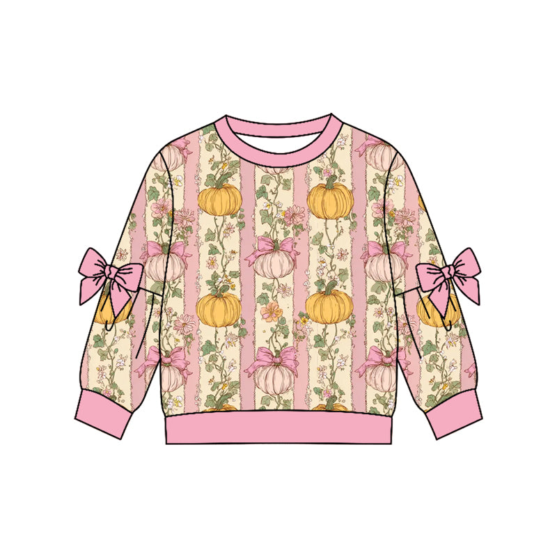 preorder GT1659 Pumpkin Bows Long Sleeve Girls Top