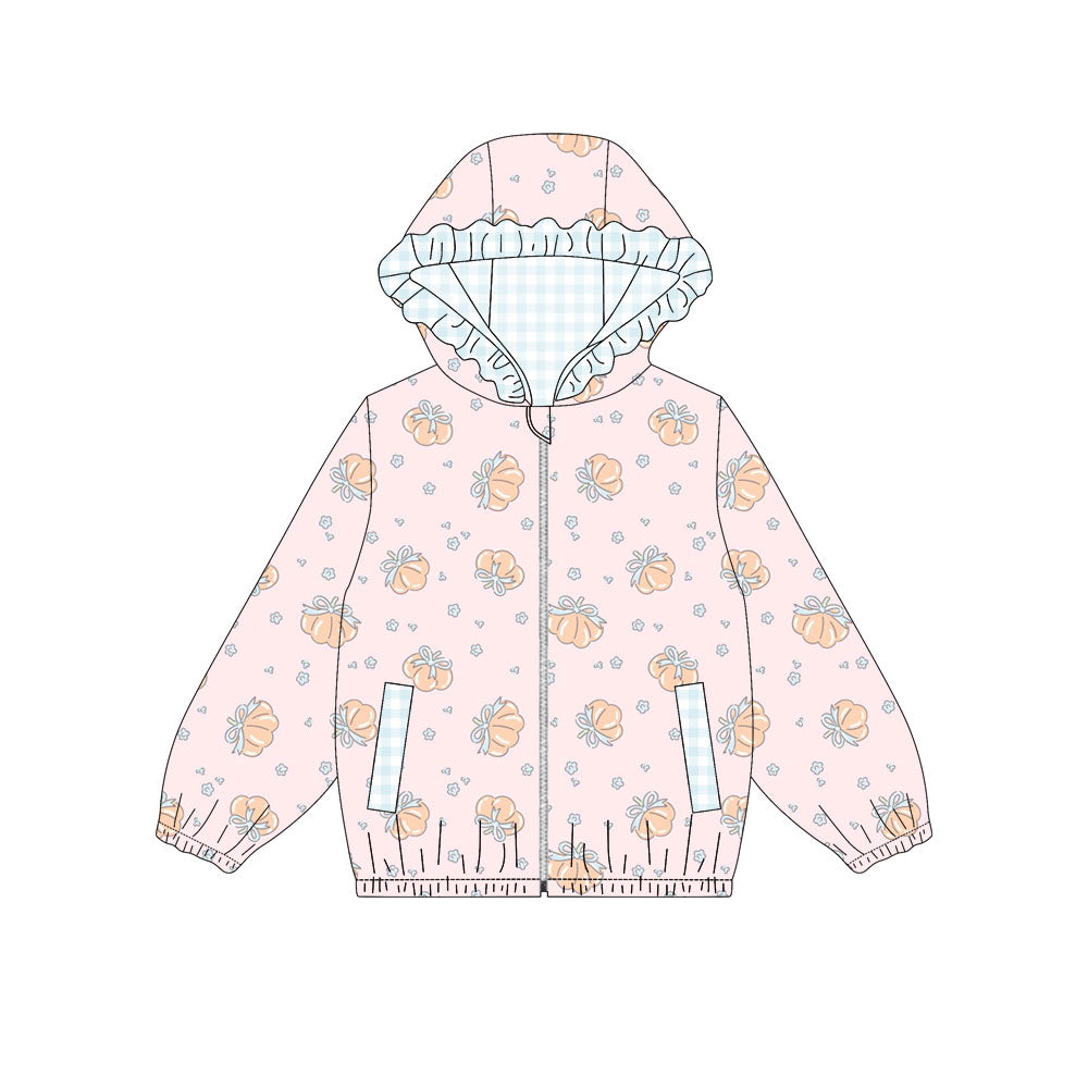 preorder GT1660 Pumpkin Bows Pink Zipper Hoodie Long Sleeve Girls Coat