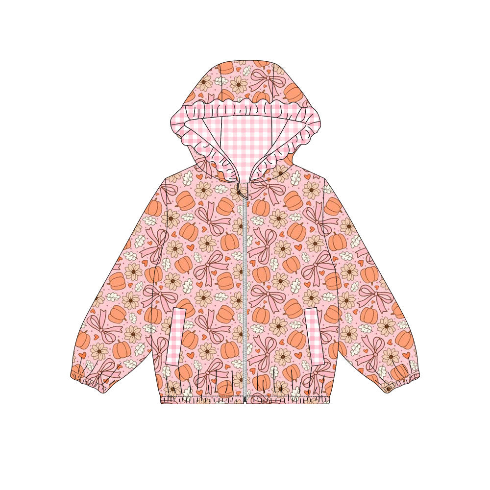 preorder GT1661 Pumpkin Bows Pink Zipper Hoodie Long Sleeve Girls Coat