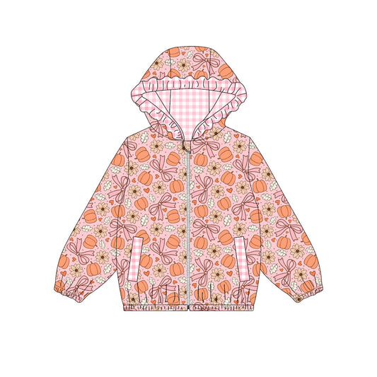 preorder GT1661 Pumpkin Bows Pink Zipper Hoodie Long Sleeve Girls Coat