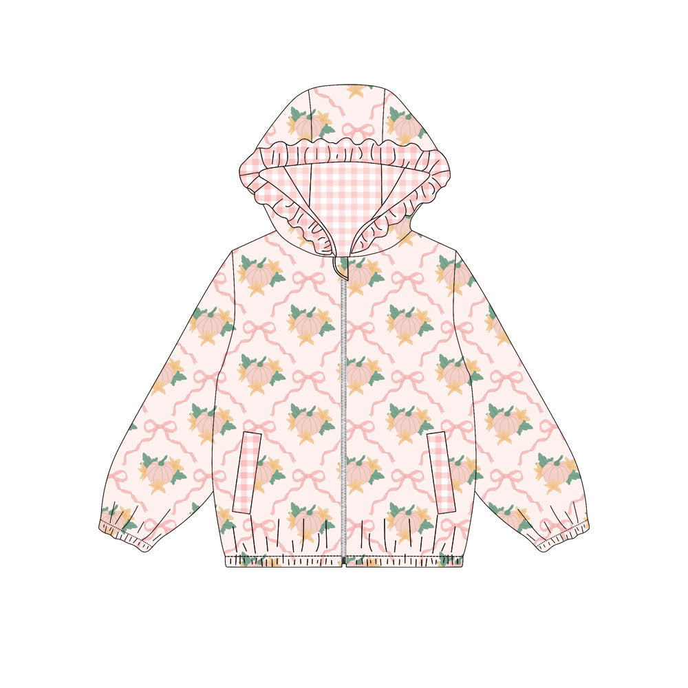 preorder GT1663 Pumpkin Bows Pink Zipper Hoodie Long Sleeve Girls Coat