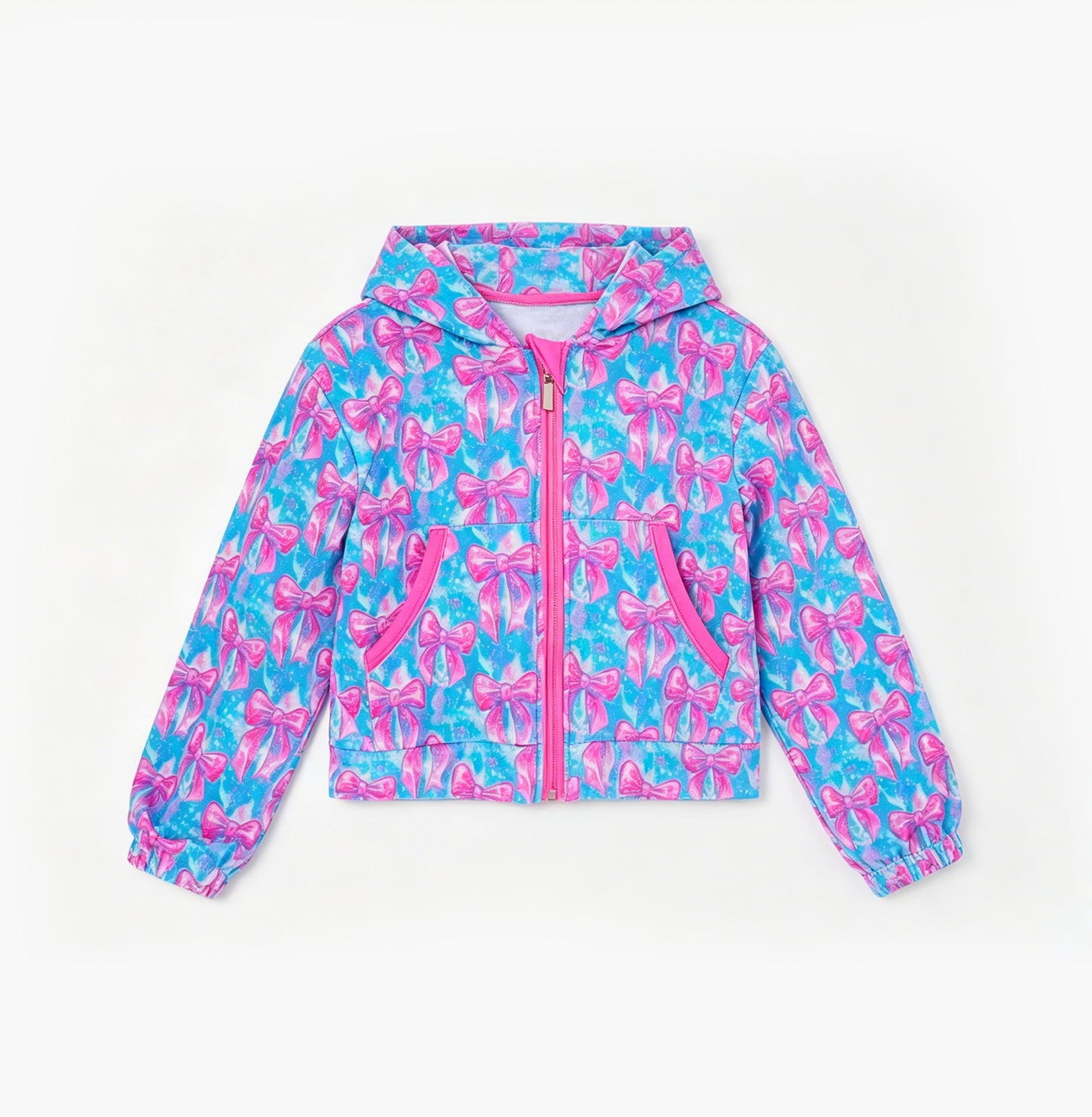 preorder GT1674 Yoga Hot Pink Bows Blue Zipper Hoodie Long Sleeve Girls Coat