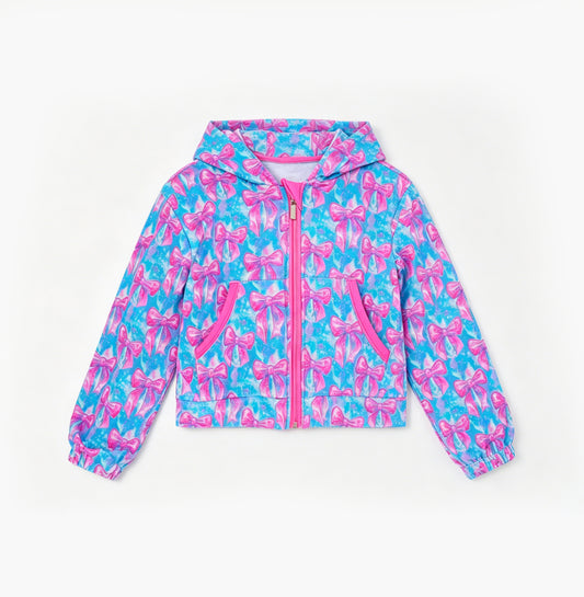 preorder GT1674 Yoga Hot Pink Bows Blue Zipper Hoodie Long Sleeve Girls Coat