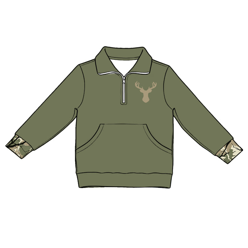 preorder GT1694 Deer Green Pocket Zipper Long Sleeve Girls Top