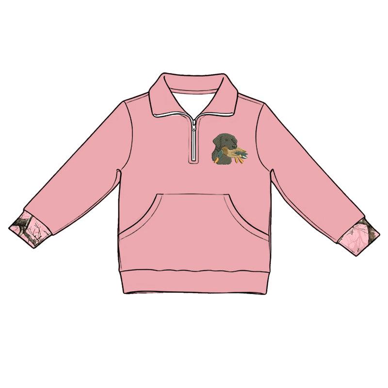 preorder GT1695 Dog Mallard Duck Pink Pocket Zipper Long Sleeve Girls Top