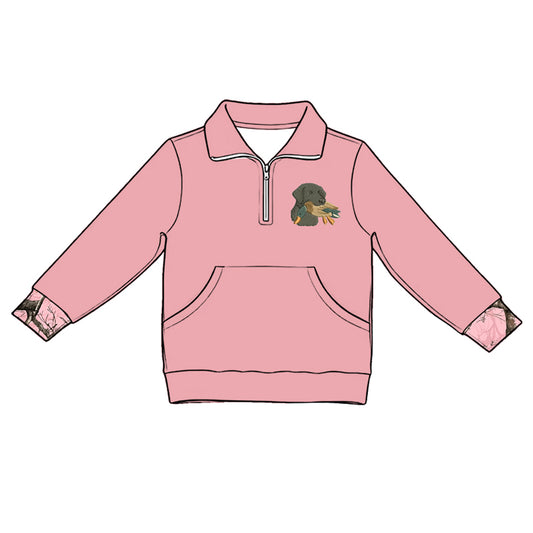 preorder GT1695 Dog Mallard Duck Pink Pocket Zipper Long Sleeve Girls Top