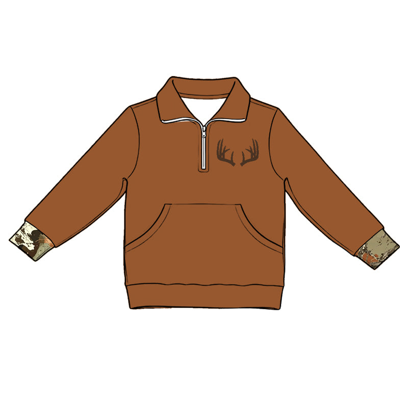 preorder GT1697 Deer Brown Pocket Zipper Long Sleeve Girls Top