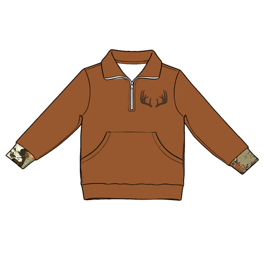 preorder GT1697 Deer Brown Pocket Zipper Long Sleeve Girls Top