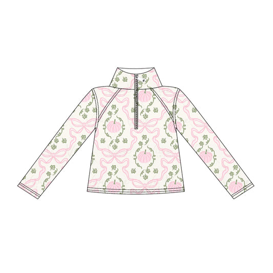 preorder GT1703 Pink Pumpkin Bows Zipper Long Sleeve Girls Top