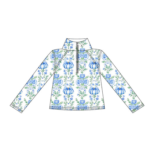 preorder GT1704 Blue Pumpkin Bows Zipper Long Sleeve Girls Top