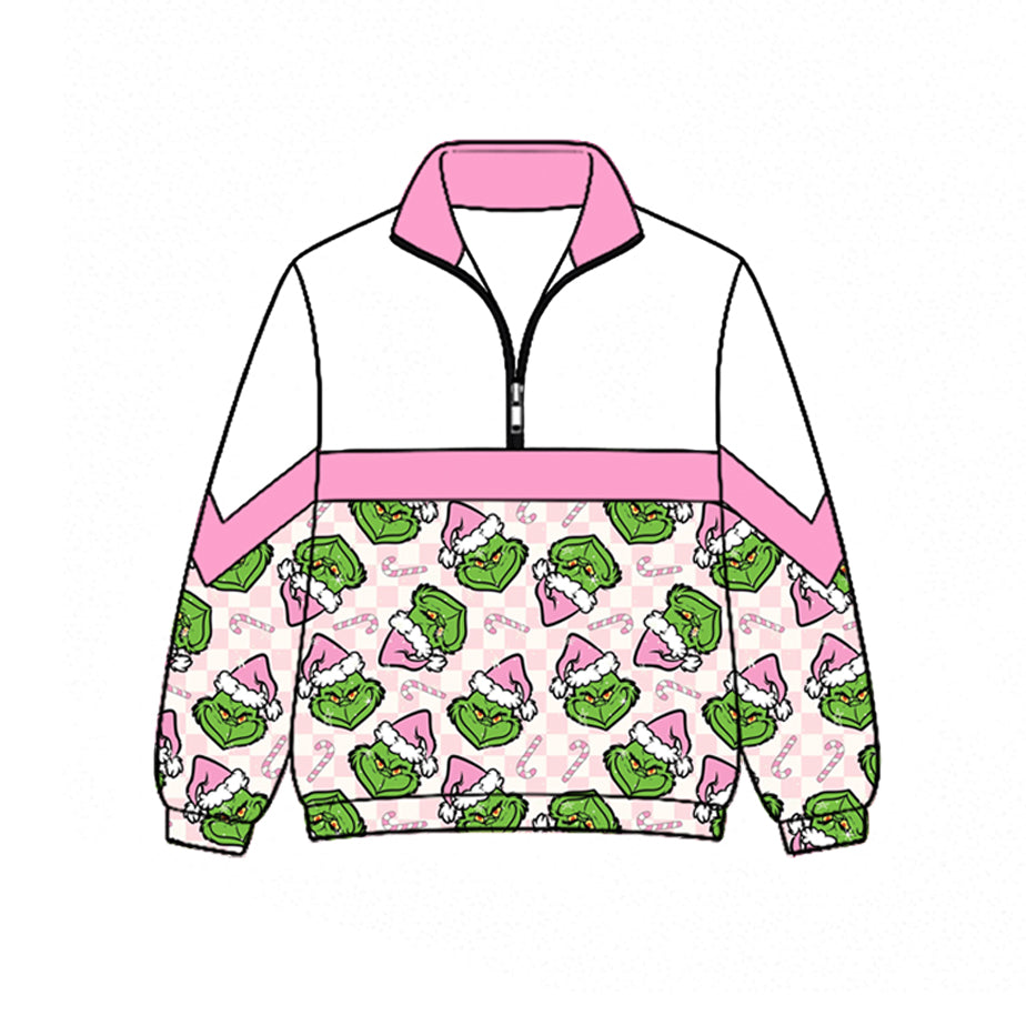 preorder GT1724 Merry Christmas Green Face Pink Zipper Long Sleeve Girls Top