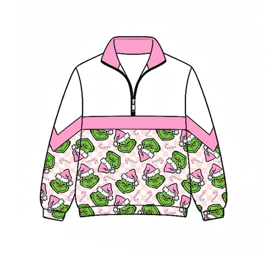 preorder GT1724 Merry Christmas Green Face Pink Zipper Long Sleeve Girls Top