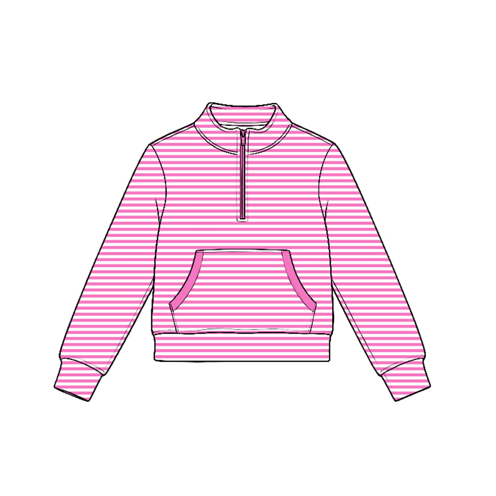 preorder GT1783 Yoga Hot Pink Striped Pocket Zipper Long Sleeve Girls Top