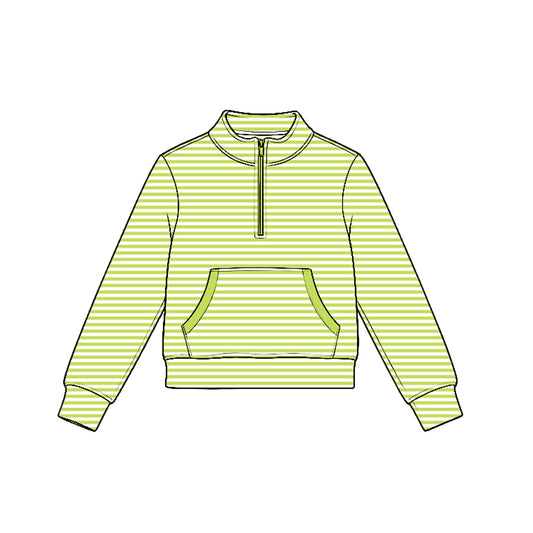 preorder GT1784 Yoga Green Striped Pocket Zipper Long Sleeve Girls Top