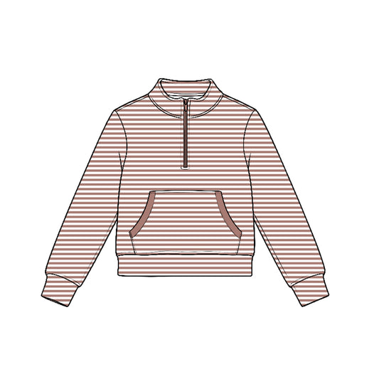 preorder GT1785 Yoga Maroon Striped Pocket Zipper Long Sleeve Girls Top