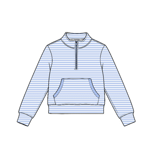 preorder GT1786 Yoga Blue Striped Pocket Zipper Long Sleeve Girls Top