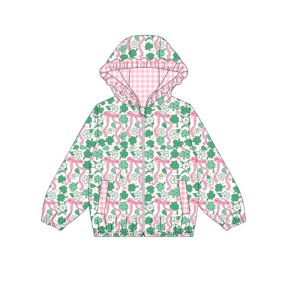 preorder GT1934 St Patrick Clover Flowers Zipper Hoodie Long Sleeve Girls Coat