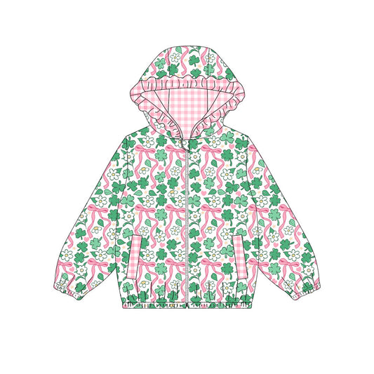 preorder GT1934 St Patrick Clover Flowers Zipper Hoodie Long Sleeve Girls Coat