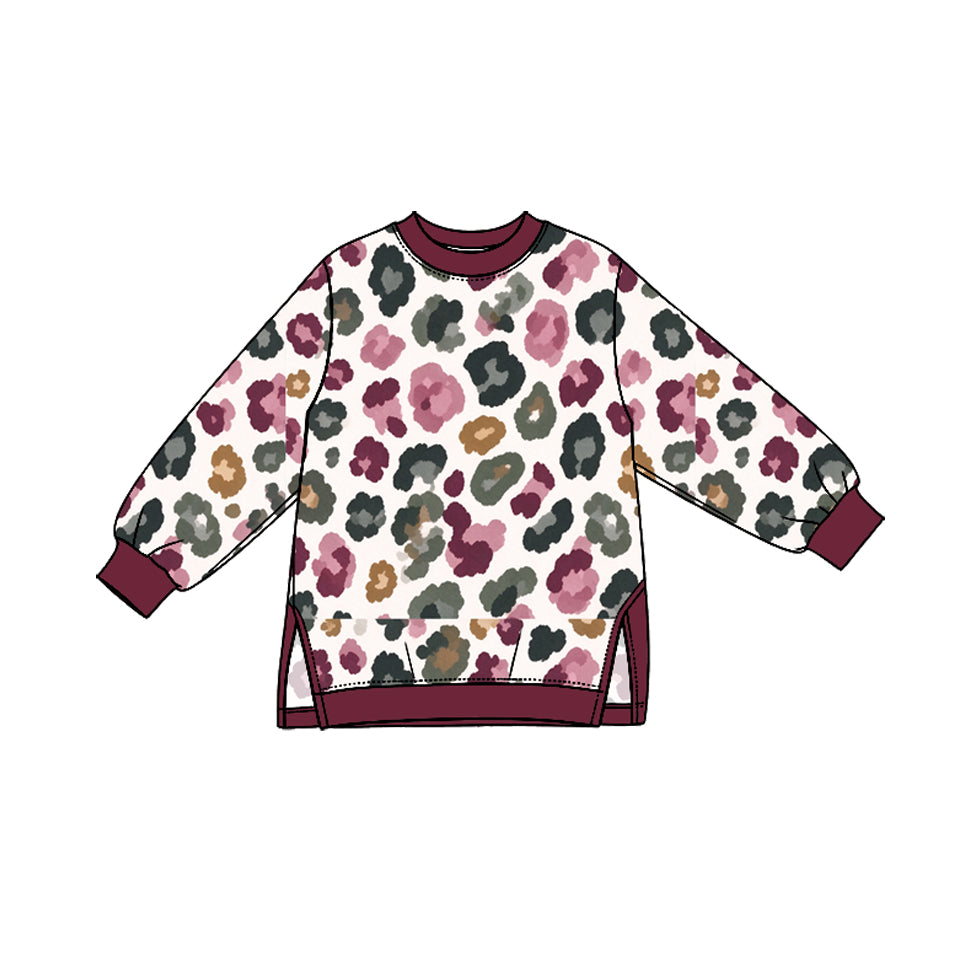 preorder GT1954 Leopard Maroon Long Sleeve Girls Top