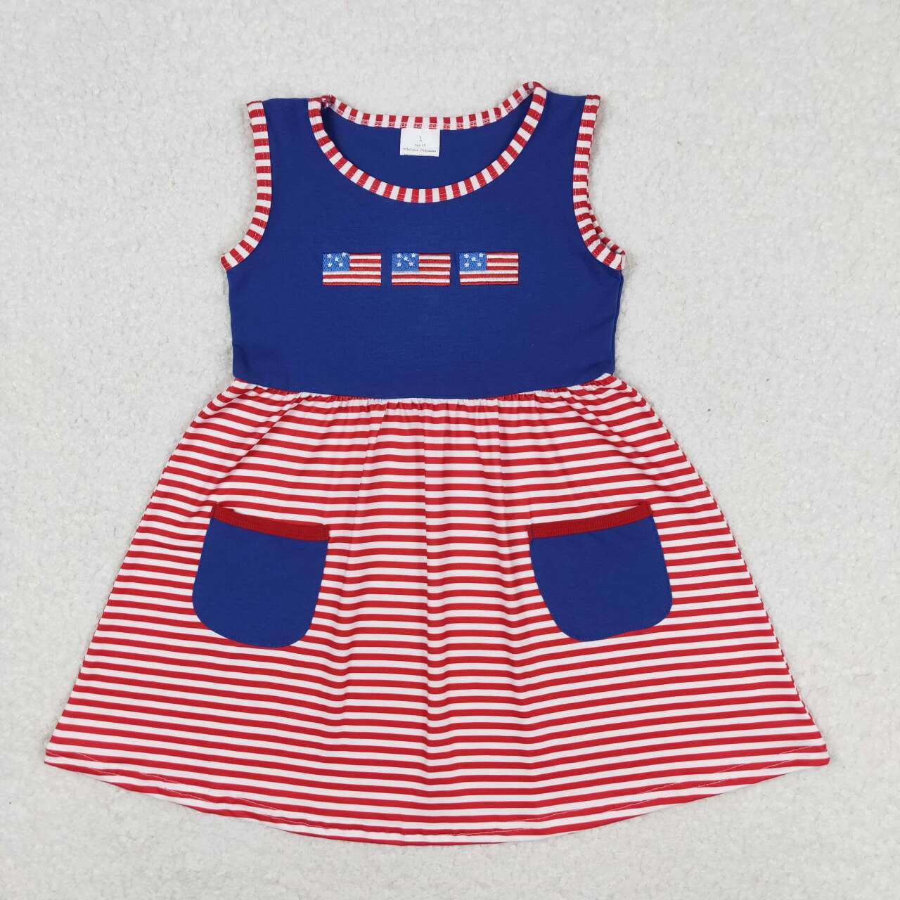 GSD0930 embroidery July 4th flag blue pocket red striped sleeveless girls dress