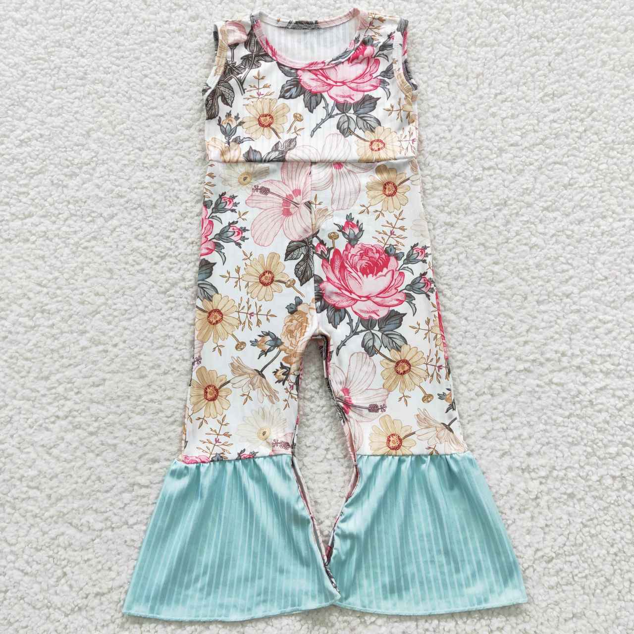 SR0368 Ribbed Flower Print Sleeveless Blue Bell Pants Girls Jumpsuits