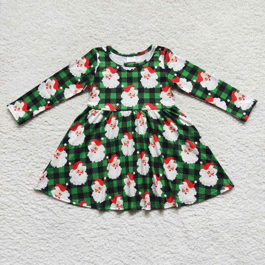 GLD0262 Christmas Santa Claus Green Long Sleeve Girls Dress