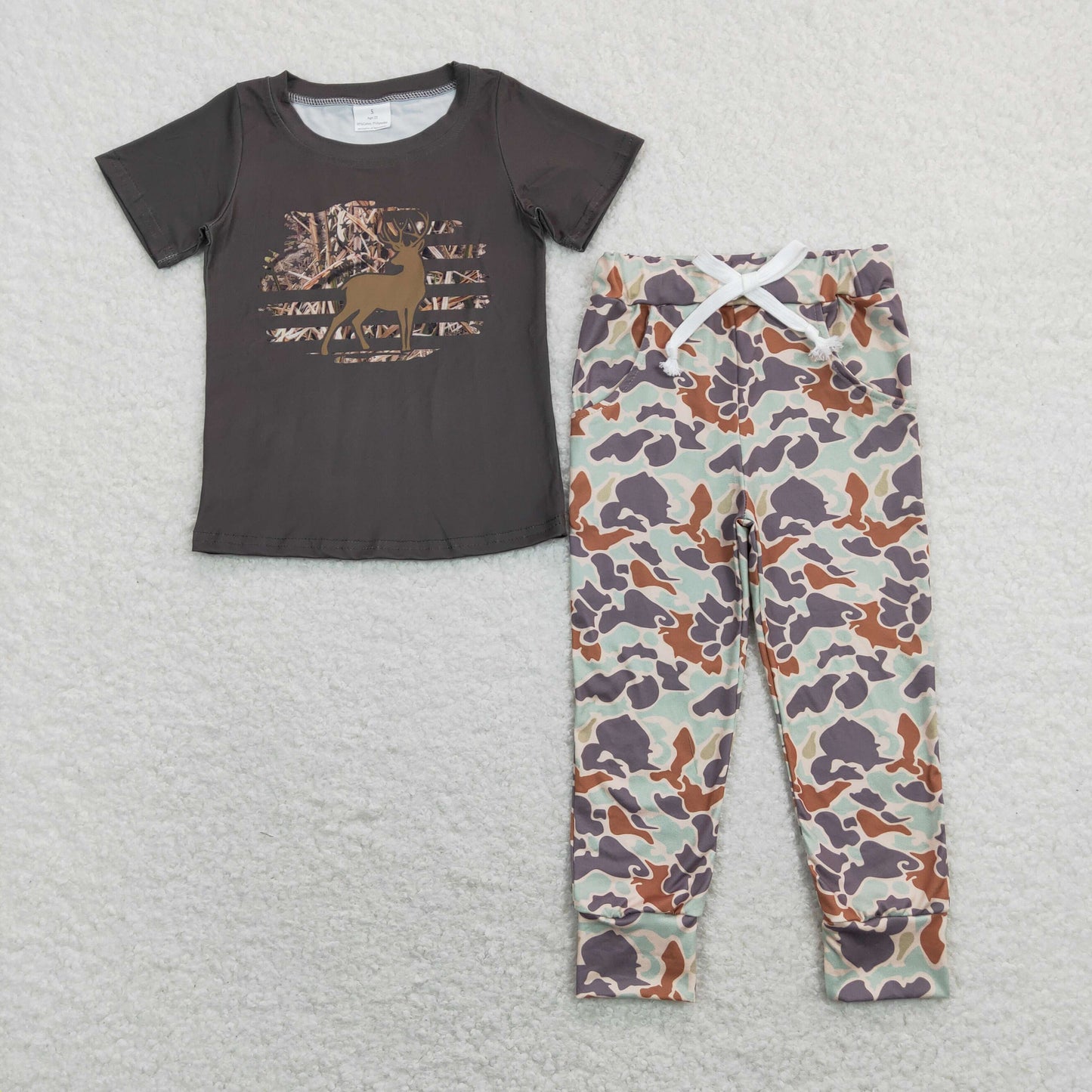 Hunting deer black short sleeve green camo pants boys set