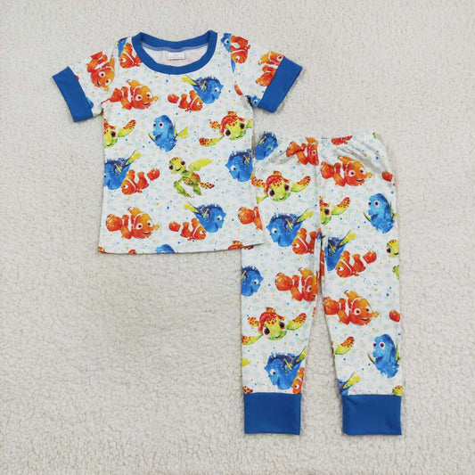 BSPO0419 cartoon fish tortoise blue short sleeve pants boys pajamas
