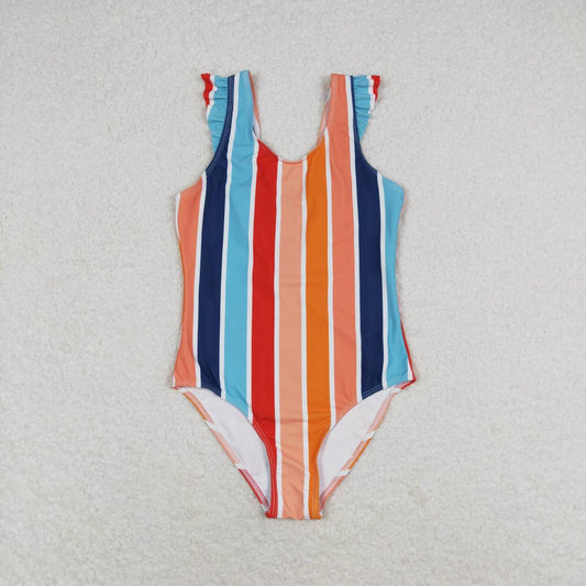 S0341 rainbow multi color striped  sleeveless girls swimsuits