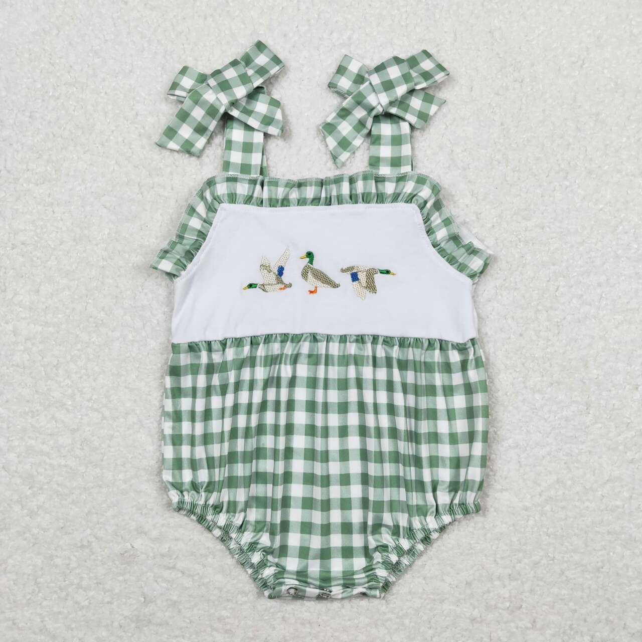 SR1065 embroidery Mallard green checkered girls romper