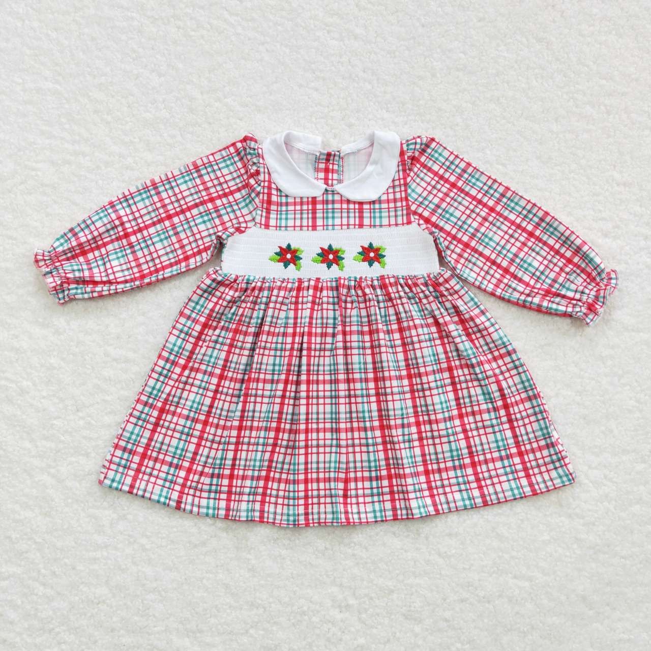 GLD0300 Christmas Holly Berry  Red Long Sleeve Girls Smocked Dress