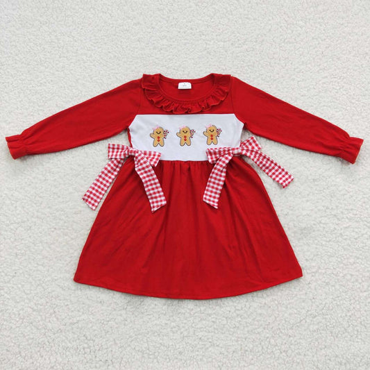 GLD0218 Christmas Gingerbread Man Red Long Sleeves Girls Dress