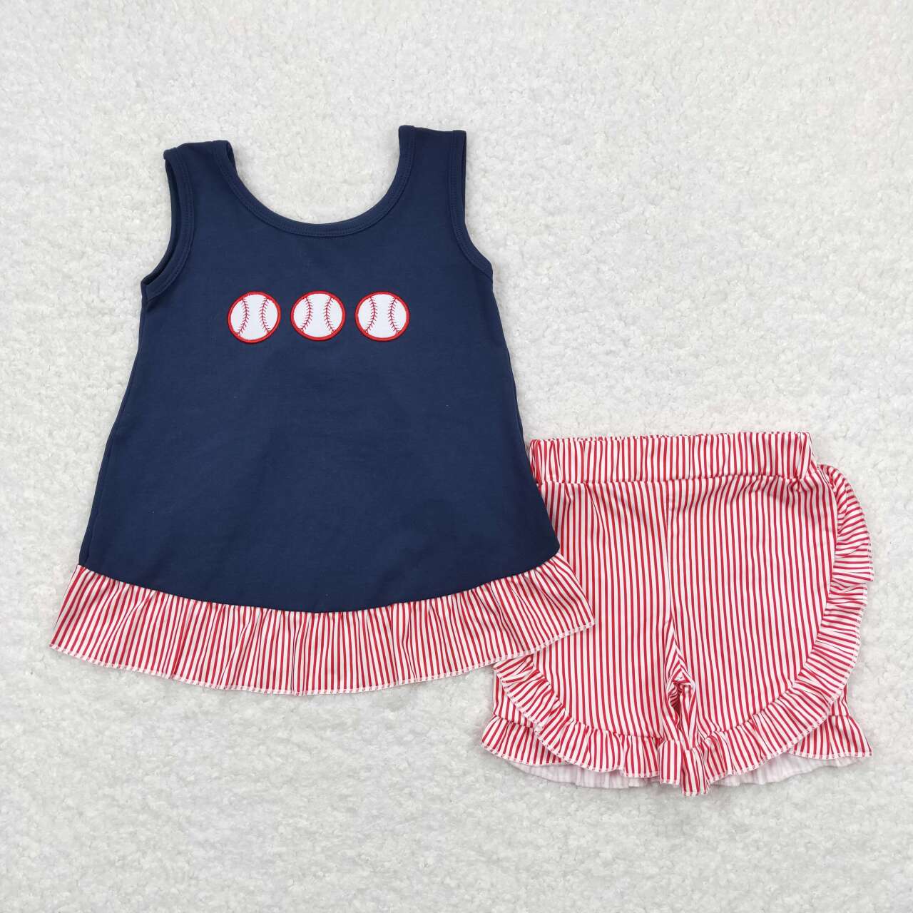 GSSO0405 embroidery Baseball navy sleeveless red striped pockets shorts girls set