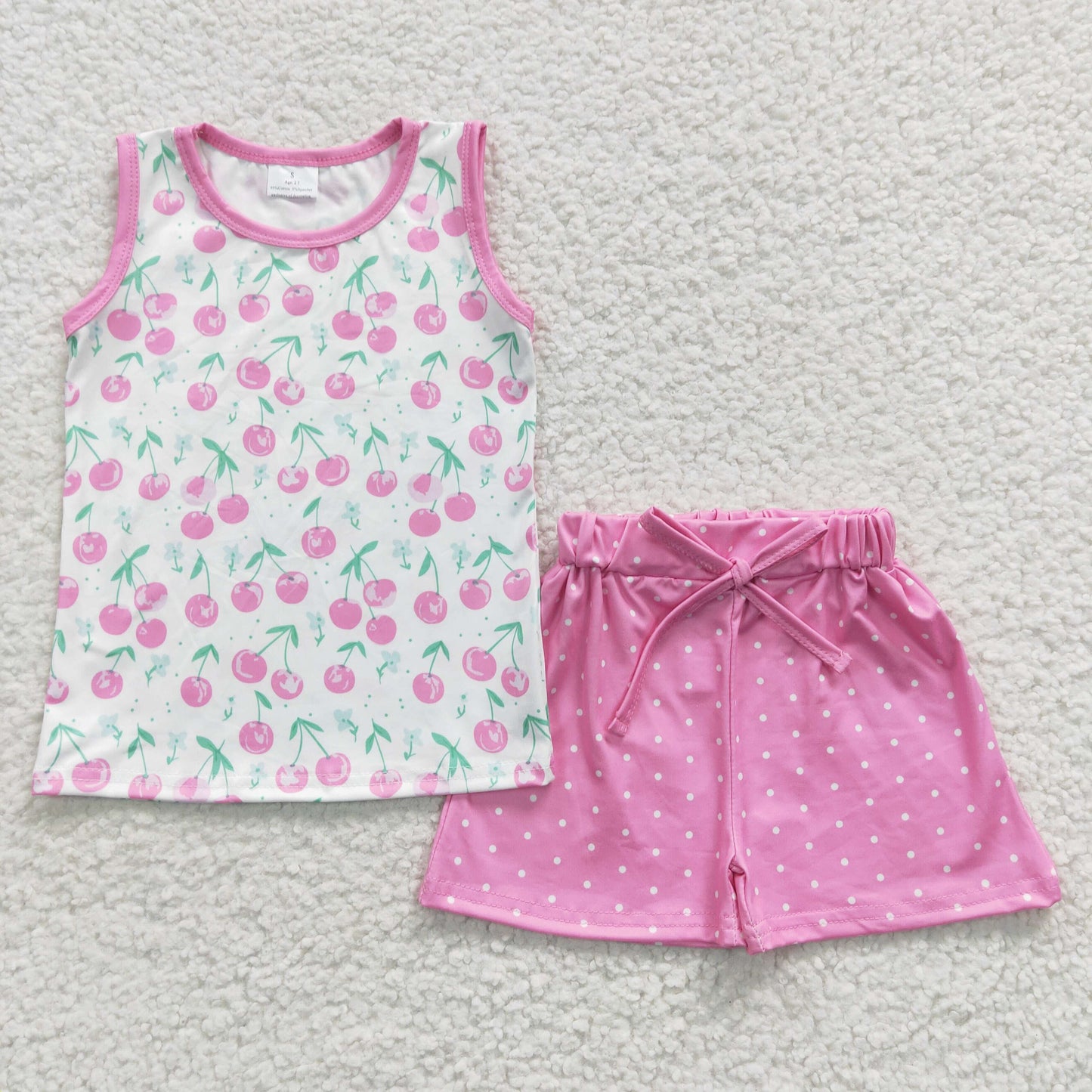 GSSO0323 Cherry Pink Sleeveless Dot Shorts Girls Summer Set