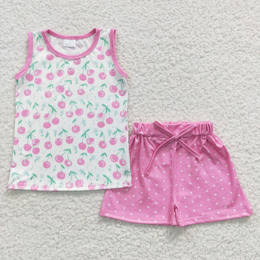 GSSO0323 Cherry Pink Sleeveless Dot Shorts Girls Summer Set