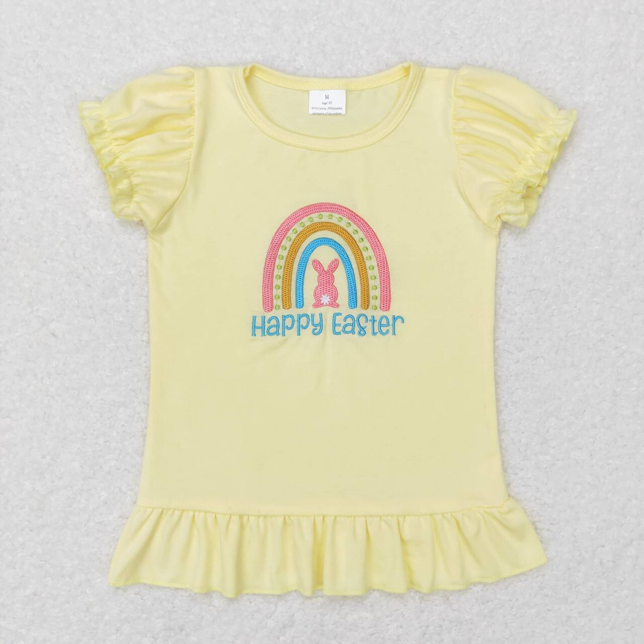 GT0392  Happy Easter rainbow yellow short sleeve girls top