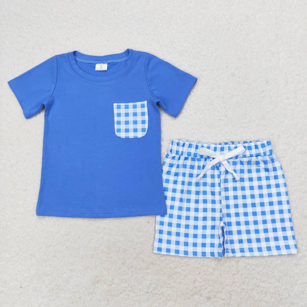 BSSO0865 July 4th blue pocket short sleeve blue checkered shorts boys set