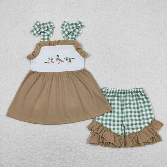 USA SHOP GSSO0653 embroidery Mallard khaki sleeveless green checkered shorts girls set
