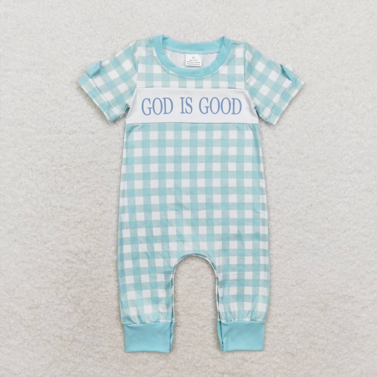SR1939 God is good green checkered short sleeve boys romper