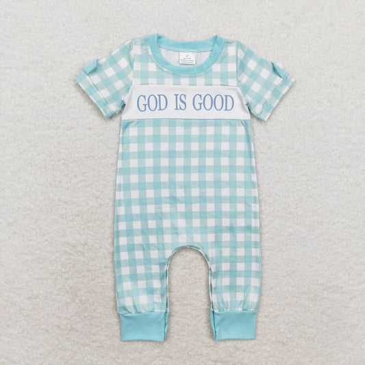 SR1939 God is good green checkered short sleeve boys romper